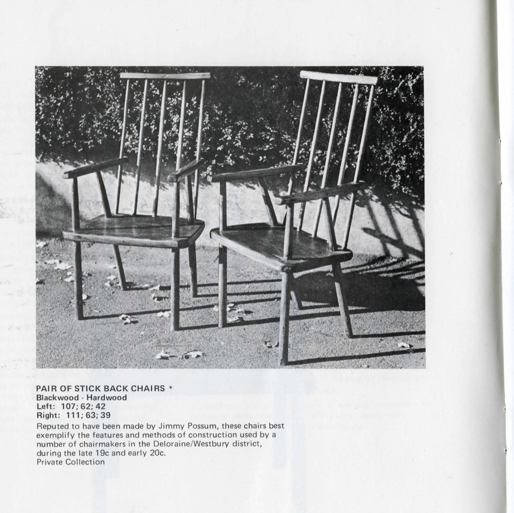 Scanned catalogue page: two stick-back chairs photographed side by side.