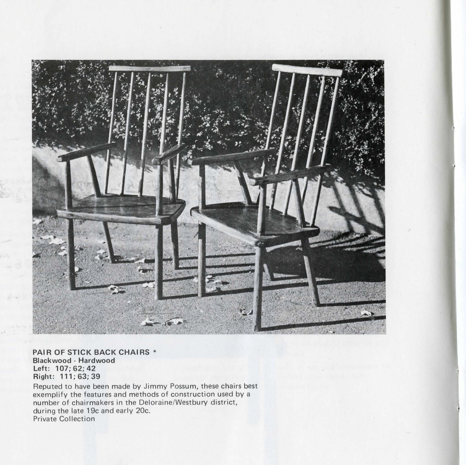 Archival catalogue scan showing a pair of stick-back chairs whose legs run through the slab seat.